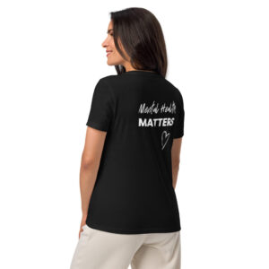 The back of a black t-shirt featuring the message "Mental Health Matters" and a hand-drawn heart.