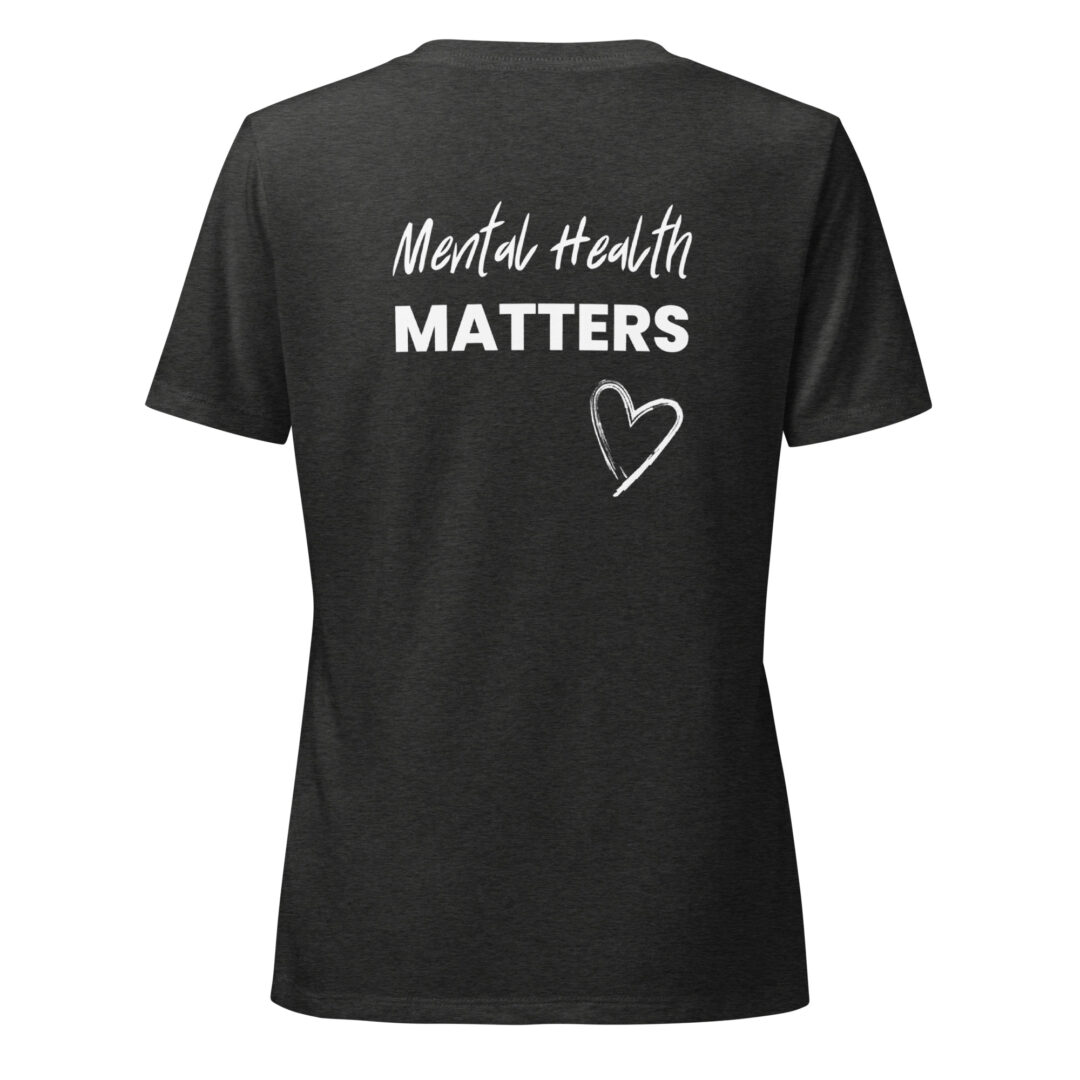 A charcoal heather t-shirt designed to promote mental health awareness with the phrase "Mental Health Matters" printed on the back.