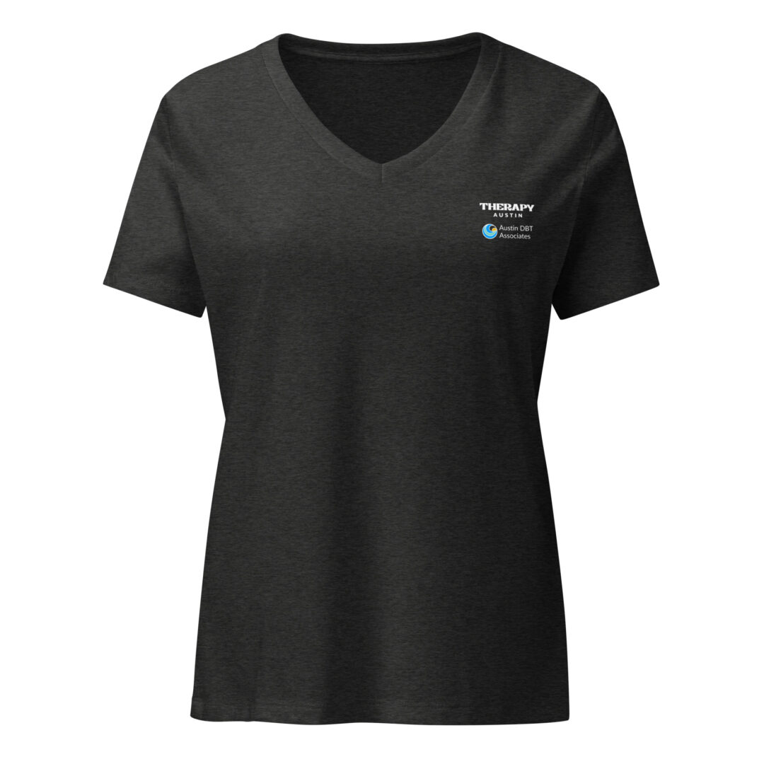 A charcoal heather v-neck t-shirt with a clean logo placement for Austin DBT Associates and Therapy Austin on the front.