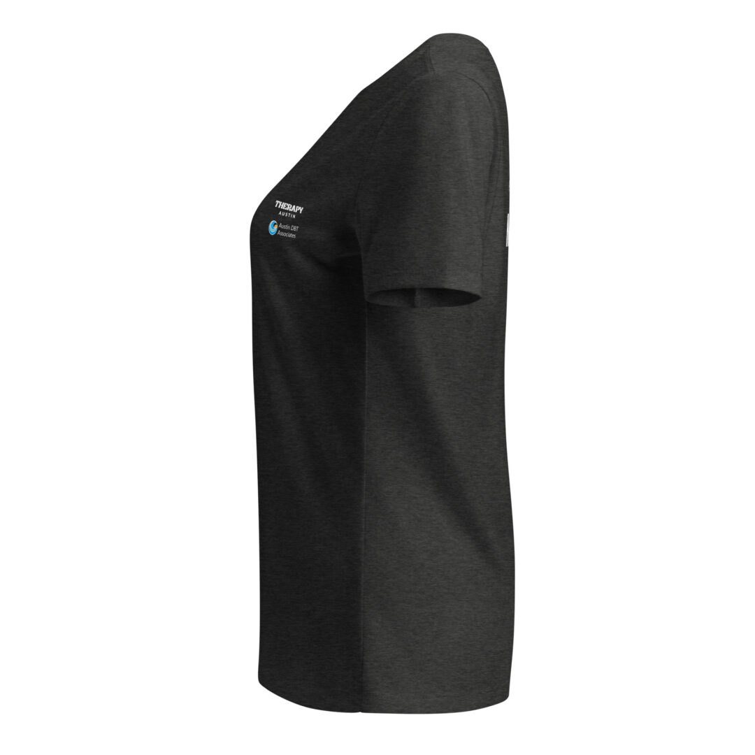 Side view of a charcoal heather v-neck t-shirt, showing the Therapy Austin and Austin DBT Associates logos printed on the sleeve.
