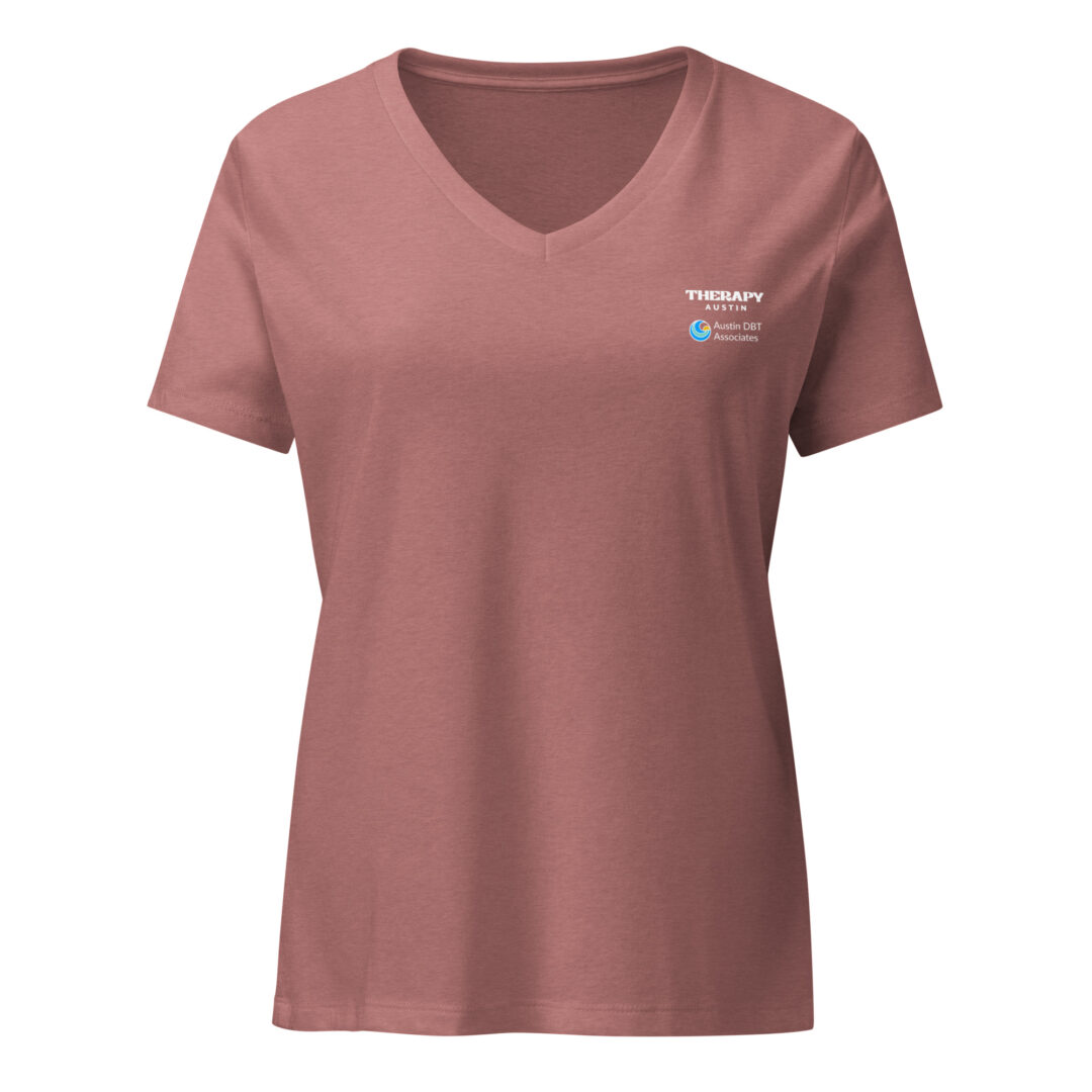 A dusty rose v-neck t-shirt with the Therapy Austin and Austin DBT Associates logos printed on the front left chest.