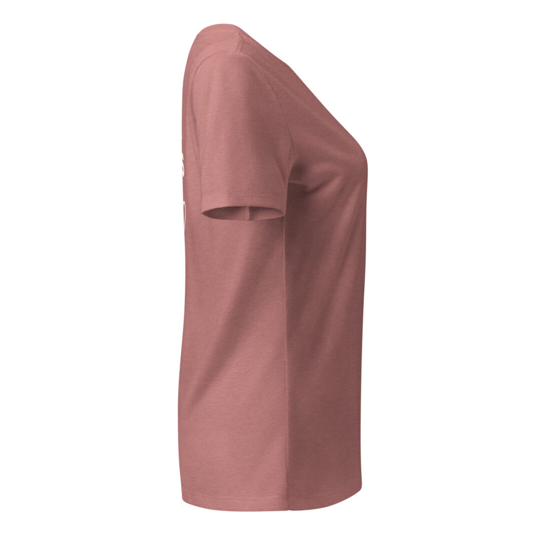 Side profile view of a dusty rose t-shirt, showing the fit and sleeve length.