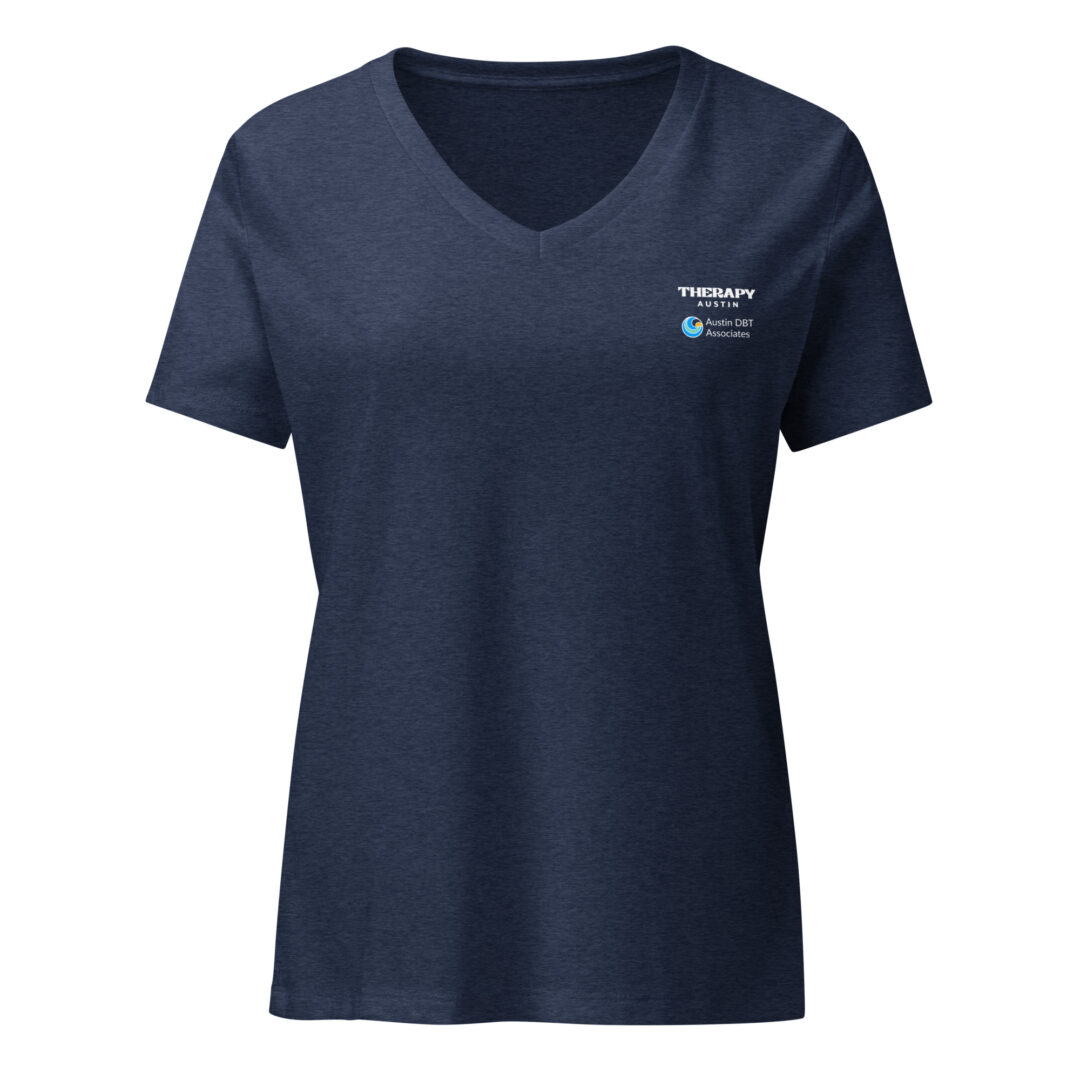Front view of a navy heather v-neck t-shirt, branded with the logos for Austin DBT Associates and Therapy Austin on the chest.