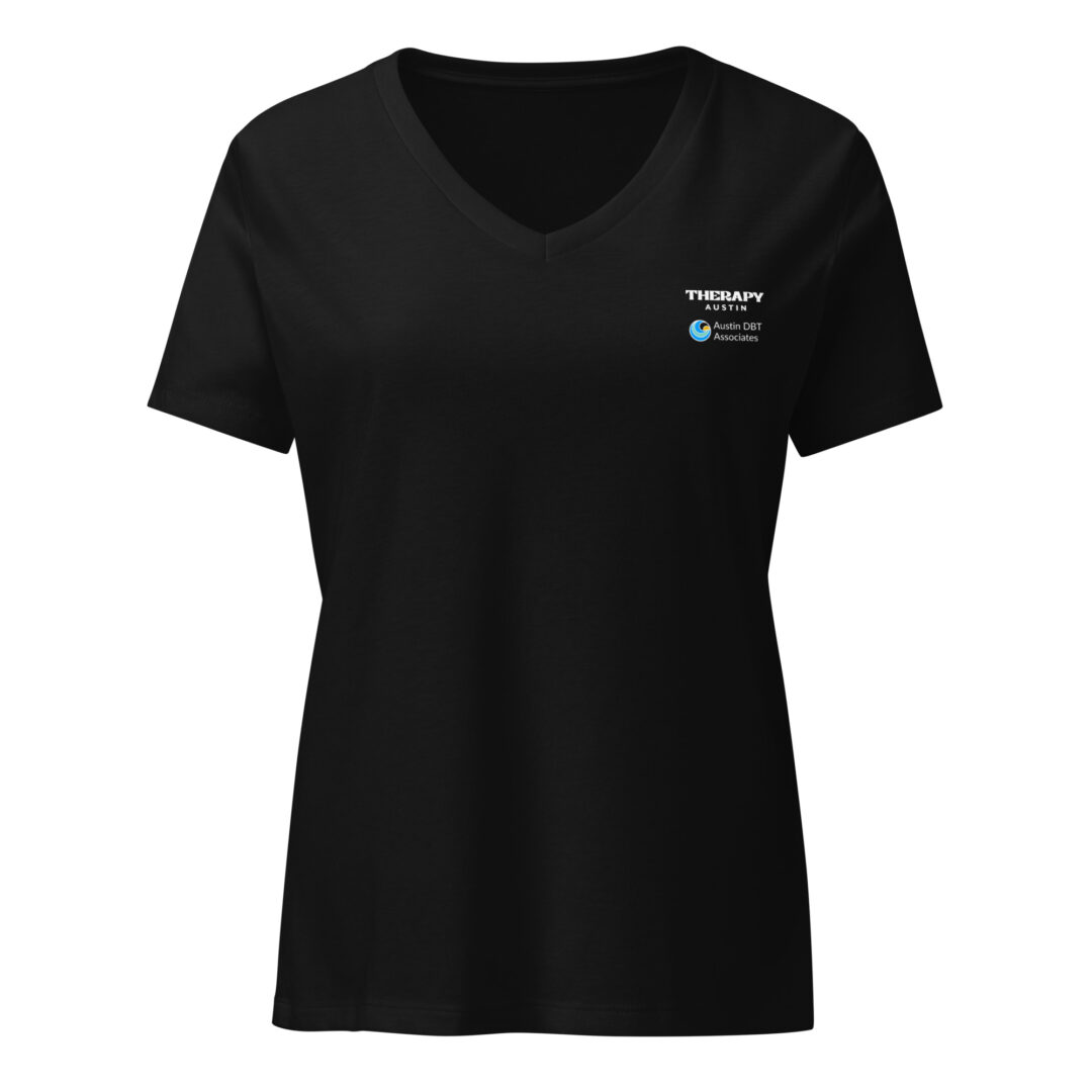 A professional black v-neck t-shirt with subtle branding from Austin DBT Associates and Therapy Austin on the chest.