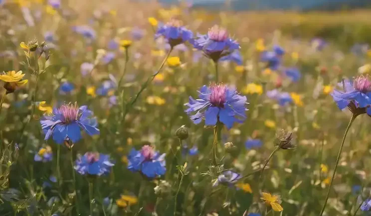 A field of blue and yellow wildflowers under sunlight, representing growth and a nurturing environment for children in DBT.