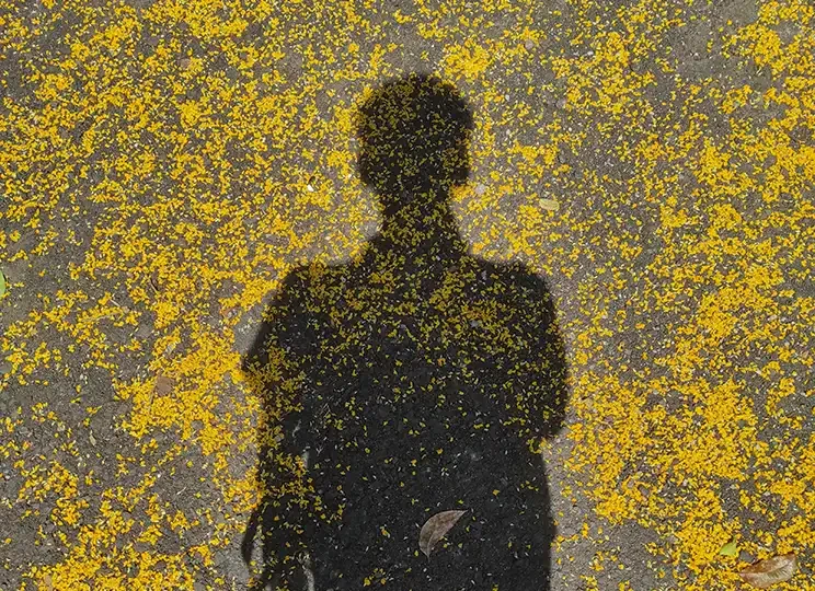 A person's shadow cast on a bright, textured yellow background, symbolizing healing and moving past a difficult past with EMDR.